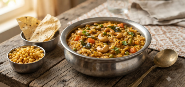 Bisibelebath cooked rice served hot with vegetables, ghee and crispy papad