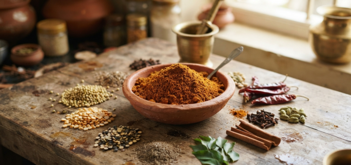 Bisibelebath Powder Recipe Karnataka with roasted spices and homemade masala