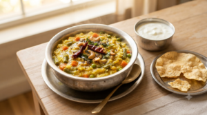 Bisibelebath without onion served with curry leaves, cashews and papad