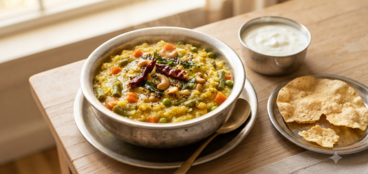 Bisibelebath without onion served with curry leaves, cashews and papad