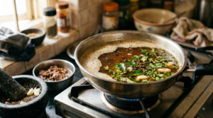 Black pepper rasam recipe simmering in a steel pan with curry leaves and crushed peppercorns