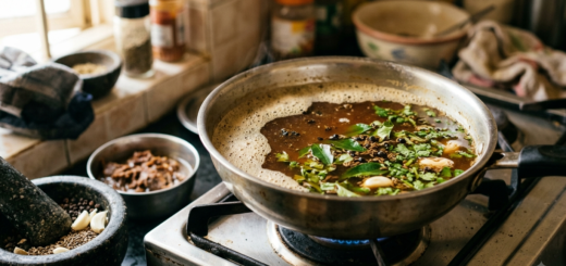 Black pepper rasam recipe simmering in a steel pan with curry leaves and crushed peppercorns