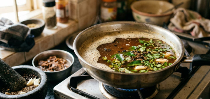 Black pepper rasam recipe simmering in a steel pan with curry leaves and crushed peppercorns