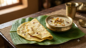 Boli with payasam served on a banana leaf with creamy Kerala-style paal payasam