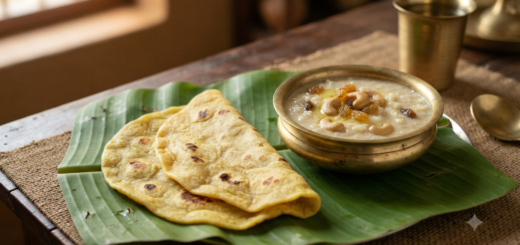 Boli with payasam served on a banana leaf with creamy Kerala-style paal payasam