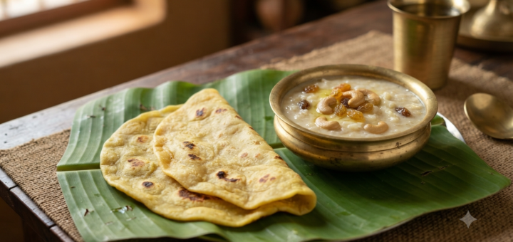 Boli with payasam served on a banana leaf with creamy Kerala-style paal payasam