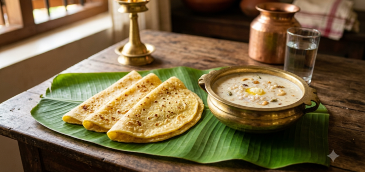Boli with payasam featuring soft Kerala sweet boli and creamy paal payasam served on a banana leaf