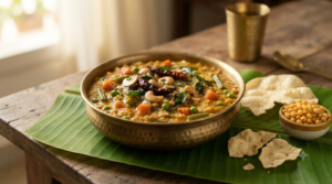 Brahmin bisi bele bath with ghee, cashews and curry leaves, made without onion or garlic