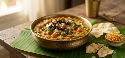 Brahmin bisi bele bath with ghee, cashews and curry leaves, made without onion or garlic