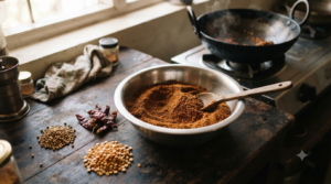 Brahmin style sambar powder freshly ground in a steel bowl with roasted Byadagi chillies and coriander seeds