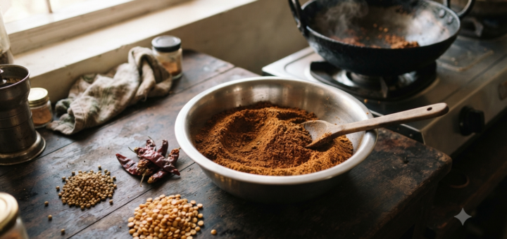 Brahmin style sambar powder freshly ground in a steel bowl with roasted Byadagi chillies and coriander seeds