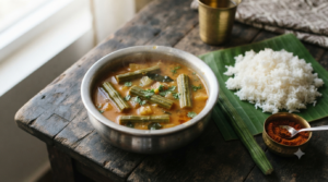 Drumstick sambar recipe served hot with steamed rice, curry leaves and tender moringa pods
