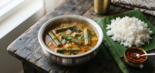 Drumstick sambar recipe served hot with steamed rice, curry leaves and tender moringa pods