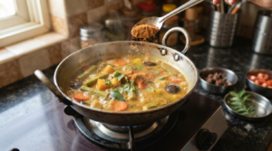 Everest Sambhar Masala recipe simmering in a pan with drumstick and pumpkin, South Indian sambar