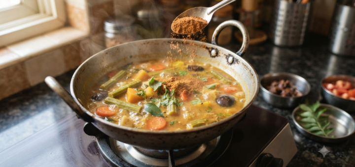 Everest Sambhar Masala recipe simmering in a pan with drumstick and pumpkin, South Indian sambar