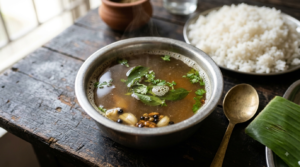 Garlic rasam without tomato served hot in a steel bowl with crushed garlic, peppercorns and curry leaves floating