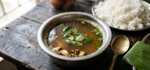 Garlic rasam without tomato served hot in a steel bowl with crushed garlic, peppercorns and curry leaves floating