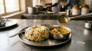 Hotel sambar for pongal served hot in a steel bowl beside soft ven pongal