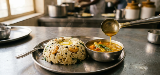 Hotel sambar for pongal served hot in a steel bowl beside soft ven pongal