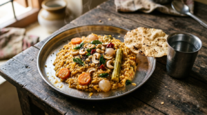 Hotel style sambar sadam served hot with appalam and a spoon of ghee