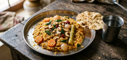 Hotel style sambar sadam served hot with appalam and a spoon of ghee