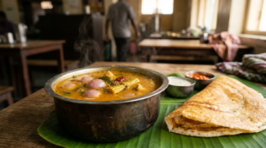 Hotel style sambar for dosa served hot in a steel bowl with curry leaves and ghee