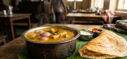 Hotel style sambar for dosa served hot in a steel bowl with curry leaves and ghee