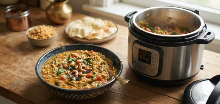Instant Pot Bisibelebath with rice, toor dal, vegetables and Karnataka-style tempering