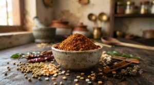 Iyengar bisibelebath powder with roasted dals, red chillies and whole spices