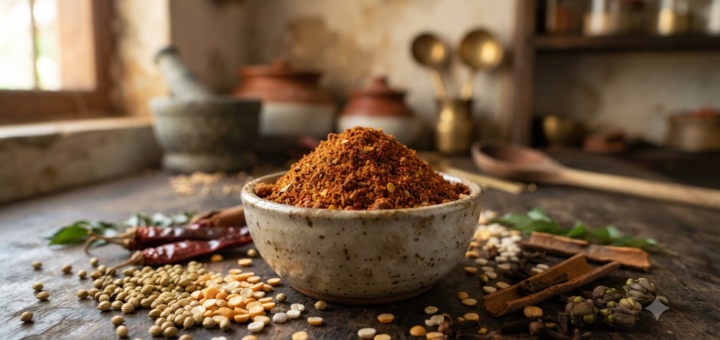 Iyengar bisibelebath powder with roasted dals, red chillies and whole spices