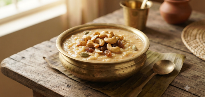 Jaggery paal payasam recipe with roasted cashews and raisins