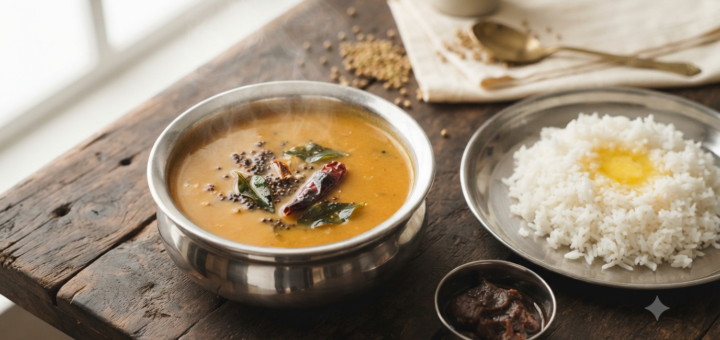 Jain Sambar Recipe Without Vegetables served in a steel bowl with steamed rice