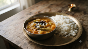Jain sambar recipe for Paryushan in a steel bowl with steamed rice, finished with grated coconut and no coriander garnish