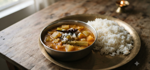 Jain sambar recipe for Paryushan in a steel bowl with steamed rice, finished with grated coconut and no coriander garnish