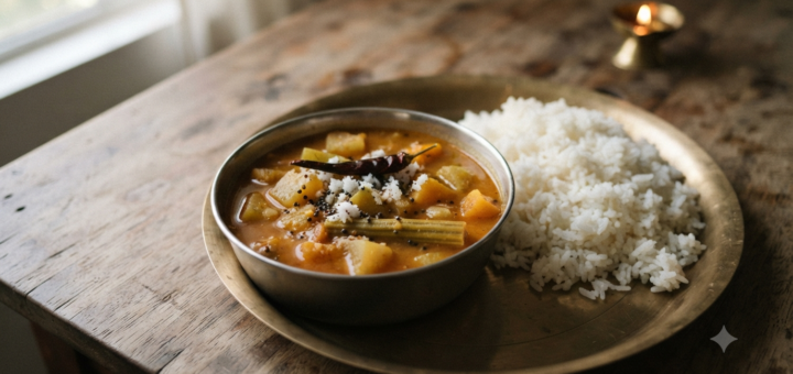 Jain sambar recipe for Paryushan in a steel bowl with steamed rice, finished with grated coconut and no coriander garnish