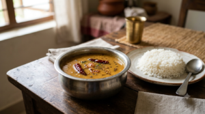 Jain sambar recipe for Paryushan in a steel bowl without fresh vegetables