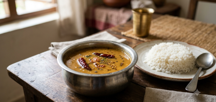 Jain sambar recipe for Paryushan in a steel bowl without fresh vegetables