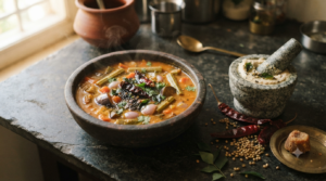 Kannada Brahmin style sambar in a stone bowl with coconut masala, Byadagi chillies and jaggery