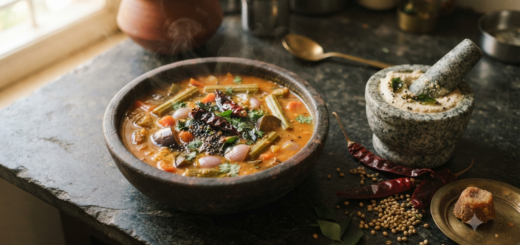Kannada Brahmin style sambar in a stone bowl with coconut masala, Byadagi chillies and jaggery