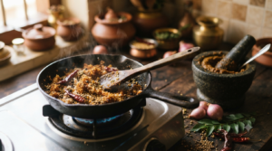 Kerala sambar with coconut simmering in a clay pot with drumstick and shallots