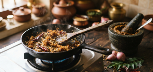 Kerala sambar with coconut simmering in a clay pot with drumstick and shallots