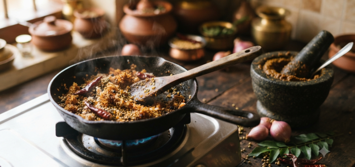 Kerala sambar with coconut simmering in a clay pot with drumstick and shallots