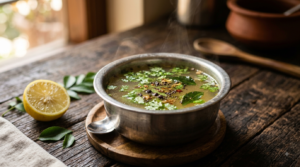 Lemon rasam without dal served hot in a steel bowl with coriander garnish