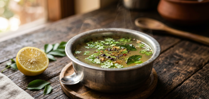Lemon rasam without dal served hot in a steel bowl with coriander garnish