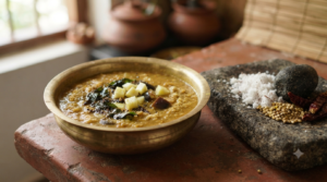 Mangalore style sambar recipe in a bowl with coconut masala, southekayi and curry leaf tempering