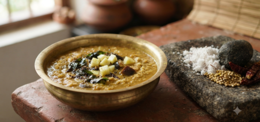 Mangalore style sambar recipe in a bowl with coconut masala, southekayi and curry leaf tempering