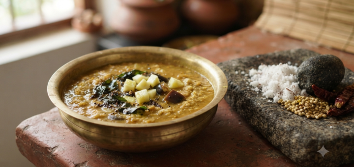 Mangalore style sambar recipe in a bowl with coconut masala, southekayi and curry leaf tempering