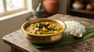 Mango sambar recipe with raw mango, toor dal, curry leaves and steamed rice