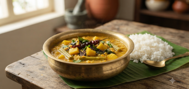 Mango sambar recipe with raw mango, toor dal, curry leaves and steamed rice