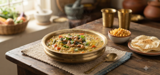 Millet Bisi Bele Bath with foxtail millet, vegetables, curry leaves and cashews